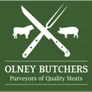 Olney Butchers logo: a crossed carving knife and fork between a cow and a pig